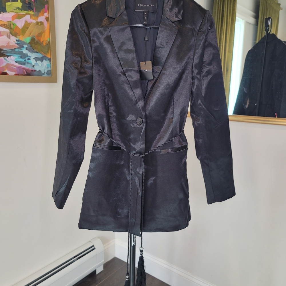 BCBGMaxAzria Black Satin Tassel-Tie Blazer Jacket, Size XXS - Picture 8 of 12